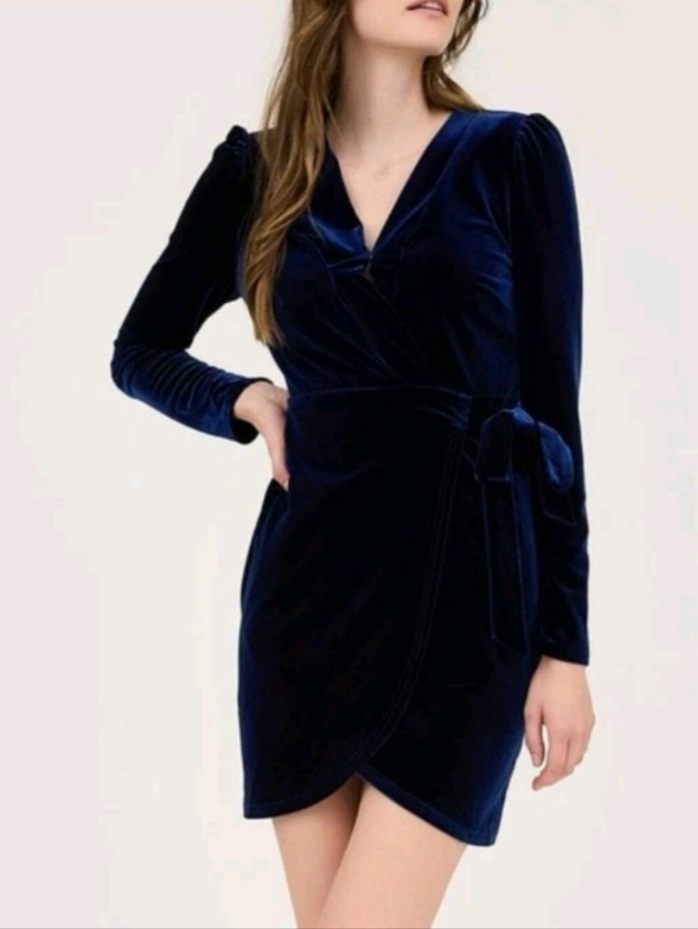 AUGUST SKY Size Large Blue Long Sleeve Velvet Faux Wrap Minidress